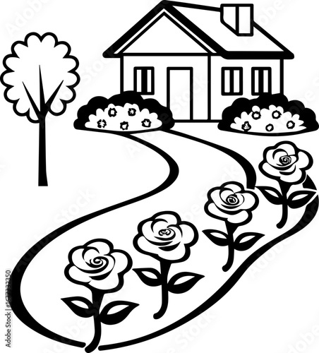 
SVG vector illustration of artificial flowers in a garden around a house.Charming Black and White Home Surrounded by Garden Flowers