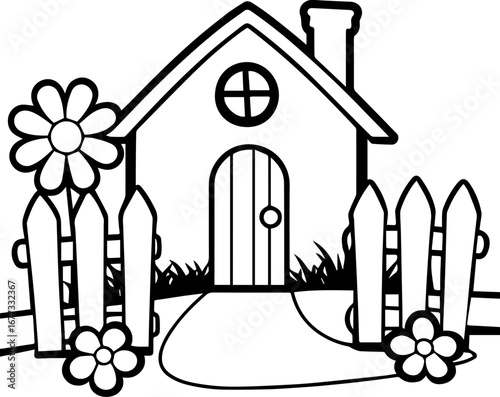 
SVG vector illustration of artificial flowers in a garden around a house.Charming Hand-Drawn House with Garden and Fence Design