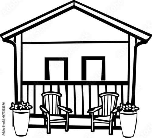 
SVG vector illustration of artificial flowers in a garden around a house.Cozy Balcony with Two Chairs and Potted Plants Design