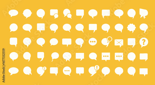 Array of white speech bubbles and thought balloons of various shapes and sizes against a yellow background, representing communication and ideas.