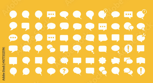 Collection of diverse white speech bubbles on yellow background, various shapes and sizes for communication.