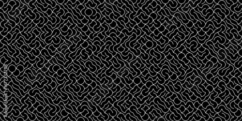 A vector illustration with a seamless maze-like pattern of white lines against a dark background. The continuous texture resembles a complex puzzle or brain cells.