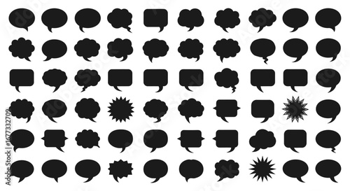 Collection of various black speech bubble shapes, representing communication and conversations.