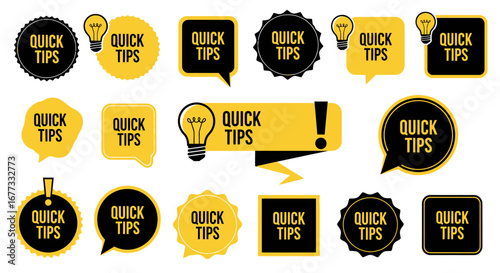 Assortment of yellow and black speech bubbles and shapes displaying "Quick Tips" text with lightbulb icons.