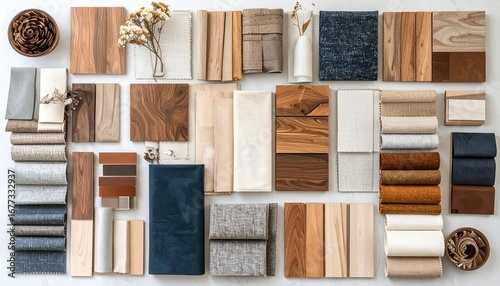 Contemporary design moodboard with fabric swatches, wooden samples, metallic trims, and color palettes styled in flat lay