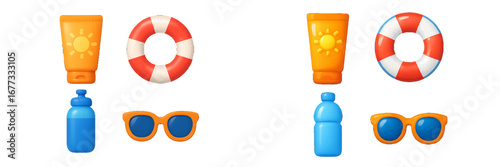 Summer beach accessories: sunscreen, lifebuoy, water bottle, sunglasses. Modern 3D Icon Set
