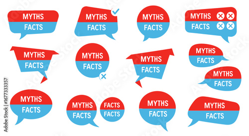 Collection of speech bubbles comparing myths and facts, various designs and checkmarks/crosses.