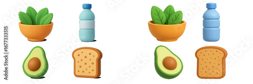 Healthy Food Icons: Avocado, Toast, Greens, and Water Bottle. Modern 3D Icon Set