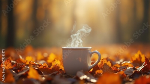 A cup of steaming coffee or tea among fallen orange leaves in an autumn forest. Hot coffee in a white cup stands on the ground covered with autumn leaves.
