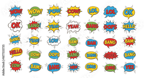 Collection of colorful retro comic book speech bubbles with various interjections and sound effects.
