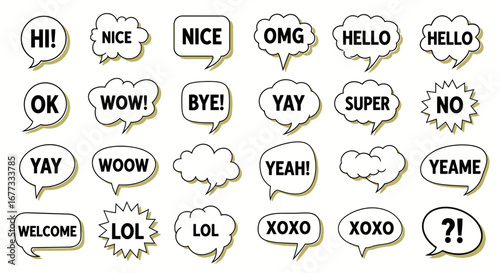 Collection of various cartoon speech bubbles with different words and expressions.