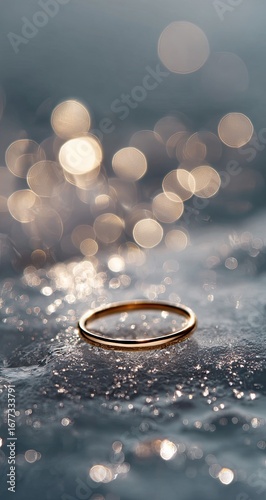 A simple gold band rests on a shimmering, grey, bokeh-filled surface, softly lit.  The background glows with out-of-focus light orbs