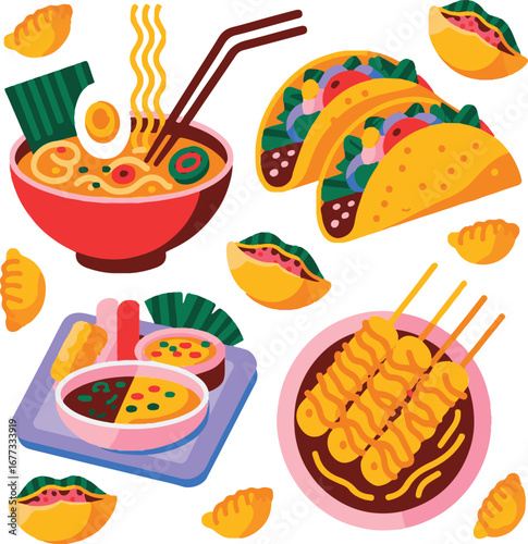 Assortment of colorful Asian and Mexican food items on white background ramen tacos