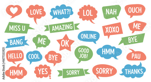 A collection of colorful speech bubbles and banners containing various expressions, words, and acronyms used in online communication.