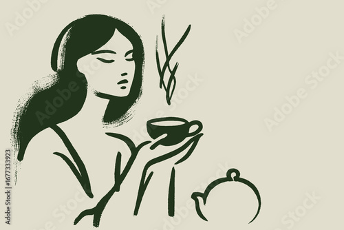 Woman drinking tea brushstroke minimalist vector illustration