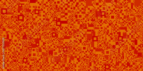 Vector illustration of an abstract geometric pattern featuring a chaotic mosaic of overlapping square shapes. The seamless texture is a warm, solid orange background with a pixelated appearance.