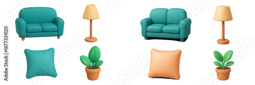 Cozy living room furniture and decor elements, sofas, armchairs, floor lamps, pillows, potted plants. Modern 3D Icon Set