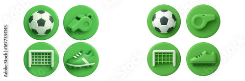Soccer Game Equipment Icons: Ball, Whistle, Goal, Cleats. Modern 3D Icon Set