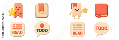 Book icons with star and checklist for reading and tasks. Modern 3D Icon Set