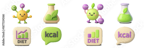 Healthy Food and Diet Concepts with 3D Characters and Icons. Modern 3D Icon Set