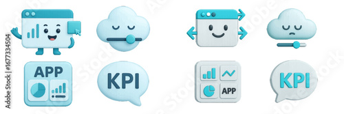 Business analytics dashboard icons and cloud computing symbols. Modern 3D Icon Set