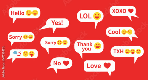 Collection of speech bubbles with emojis and short messages expressing various emotions and sentiments.
