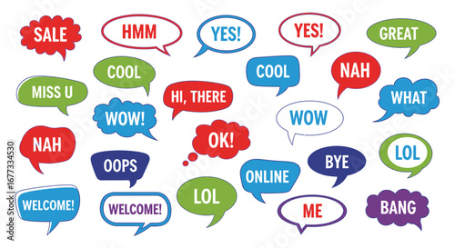A collection of colorful speech bubbles with various greetings, exclamations, and common expressions.