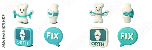Friendly bone character with knee joint icon and speech bubble. Modern 3D Icon Set