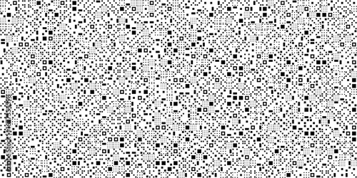 Vector illustration of a complex monochrome abstract pattern. Connecting black and white lines, dots, and varied shapes create a geometric grid design, forming a textured background.