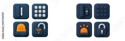 Security icons: keypad, lock, alarm, intercom for digital interface. Modern 3D Icon Set