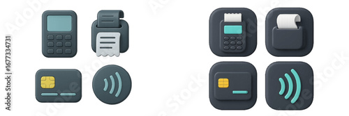 Contactless Payment Icons Credit Card POS Terminal Receipt NFC Symbol. Modern 3D Icon Set