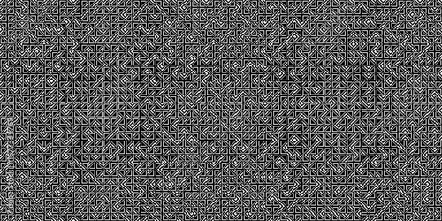 A black and white abstract background with a geometric pattern of complex, interlocking lines. This monochromatic image creates a labyrinthine texture.