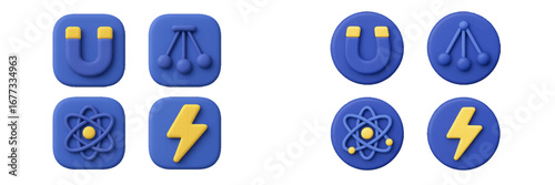 Physics and Science Icons: Magnet, Atom, Lightning, and Newton's Cradle. Modern 3D Icon Set