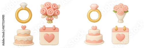 Wedding Celebration Icons: Ring, Bouquet, Cake, and Calendar with Heart. Modern 3D Icon Set
