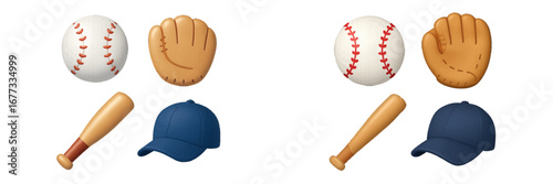Baseball equipment: ball, glove, bat, and cap. Modern 3D Icon Set