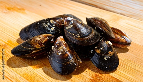 Fresh mussels on a wooden board