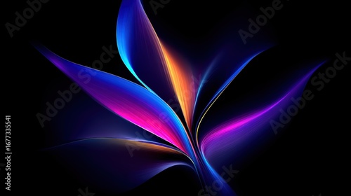 Vibrant abstract digital art featuring flowing, colorful shapes resembling petals or leaves against a black background