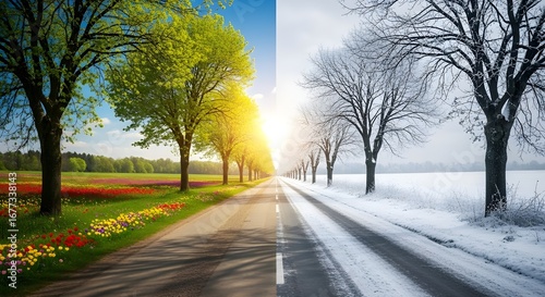 Four seasons landscape with trees and road divided by summer and winter