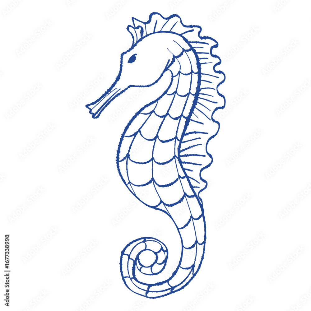 Fototapeta premium Seahorse outline isolated on white background. Simple ink blue line vector illustration for logo, branding, packaging, wall art, stationery, stickers, coloring pages, textile print
