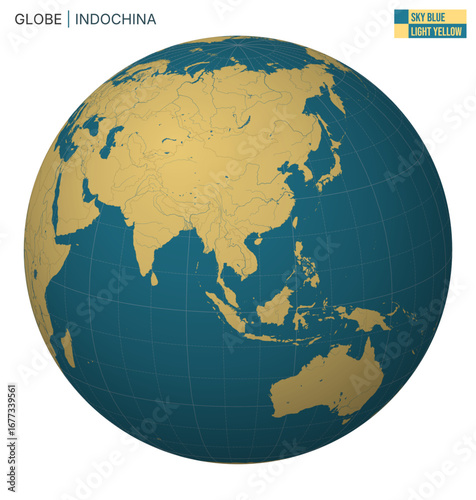 Vector Globe centered to Indochina. Sky Blue Light Yellow palette. World map with meridians, parallels, countries, rivers and lakes. Elegant vector illustration.