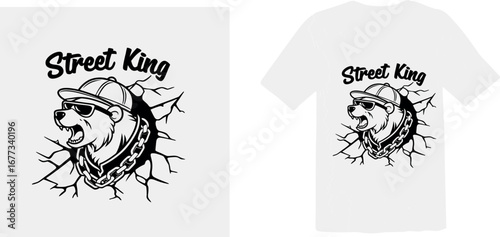 Street King Bear T-Shirt Graphic with Cracked Wall