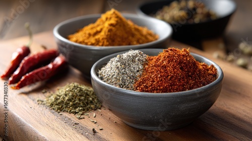 Fototapeta Naklejka Na Ścianę i Meble -  Assorted spice blends presented in gray bowls on a wooden surface, including dried chili peppers and fresh herbs.
