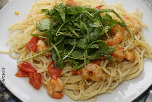 pasta with shrimps, tomatoes and ricola