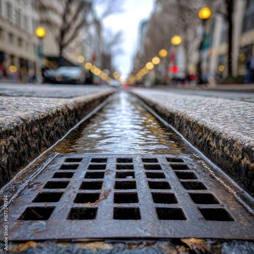 Shallow water flows in a city street gutter, a metal grate visible, with blurred city buildings and lights in the background