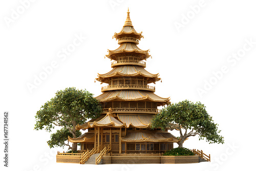 Traditional Golden and White Pagoda, isolated on a transparent background.