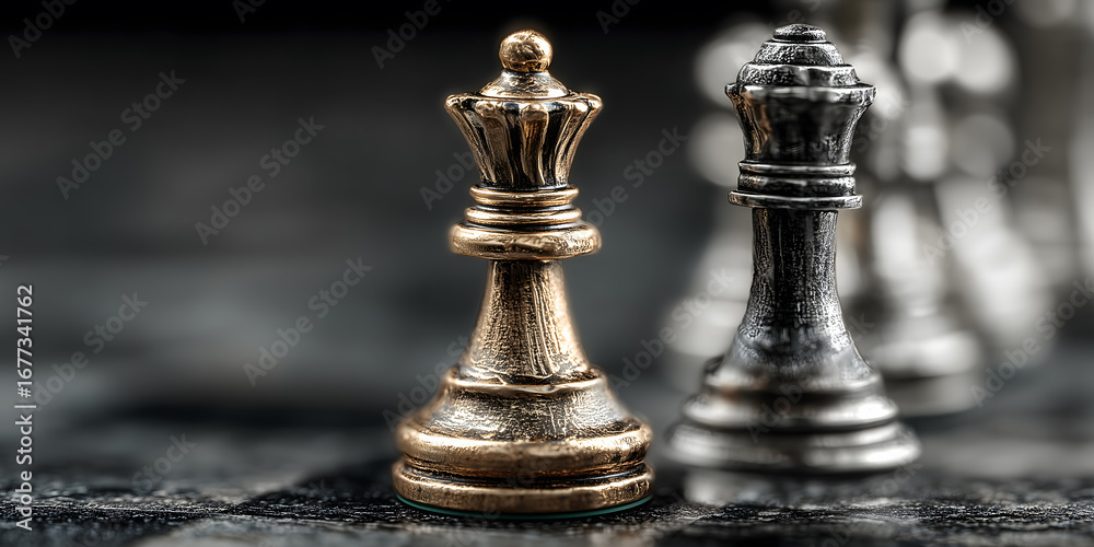 Fototapeta premium Elegant gold chess queen piece poised for a strategic business victory with silver chess pieces background