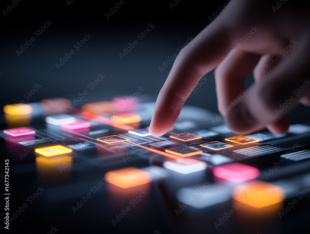 Fototapeta premium A hand interacts with a futuristic digital touchscreen interface featuring colorful illuminated buttons in a dark setting