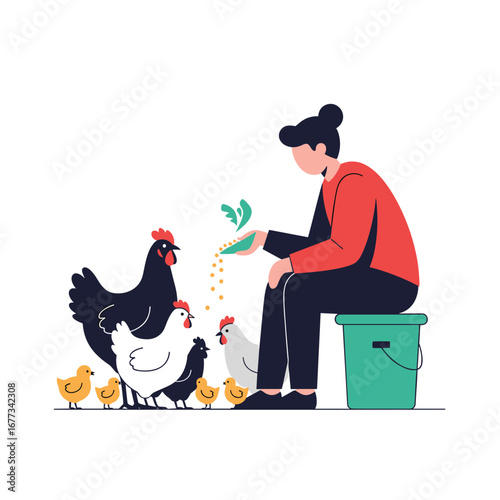 Person feeding chickens and chicks on a farm in the countryside