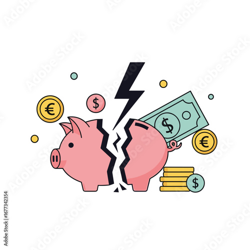Financial crisis affecting savings piggy bank cash flow problems economic downturn