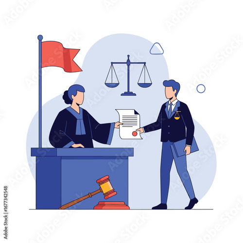 Legal justice system courtroom proceedings with gavel and scales of justice presentation document